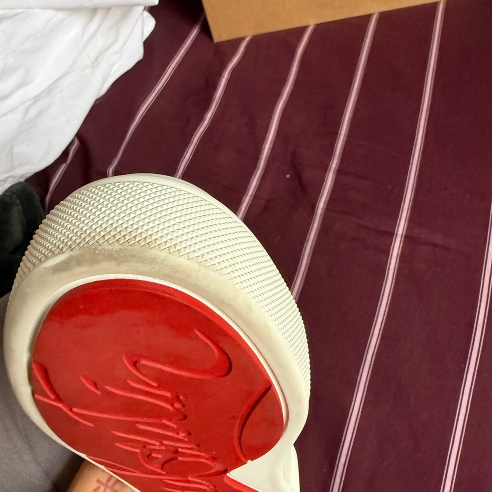 Christian Louboutin White Leather Sneakers with Red Trim - Picture 2 of 8